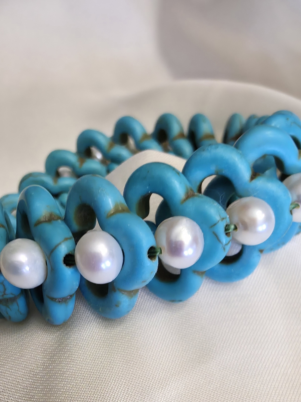 Turquoise Colored Beaded and Pearl Stretch Boho Style Bracelet